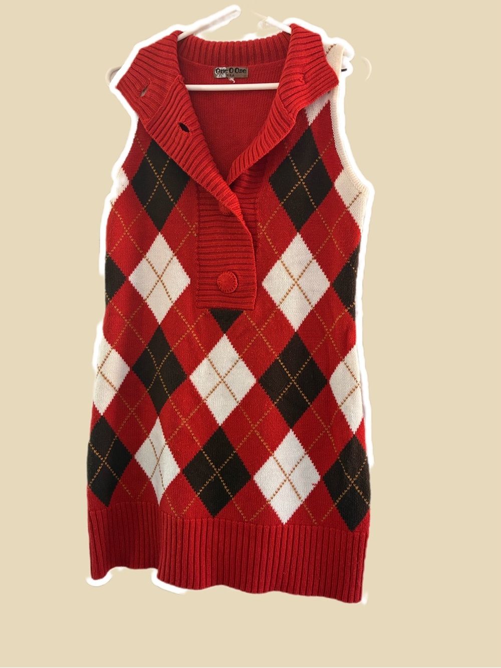 Vintage Red Argyle Knit Sweater Dress with Shawl Collar